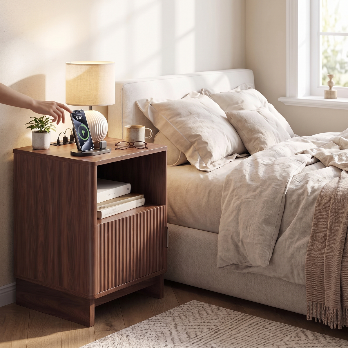 Fluted Wood Nightstand with Charging Station in use