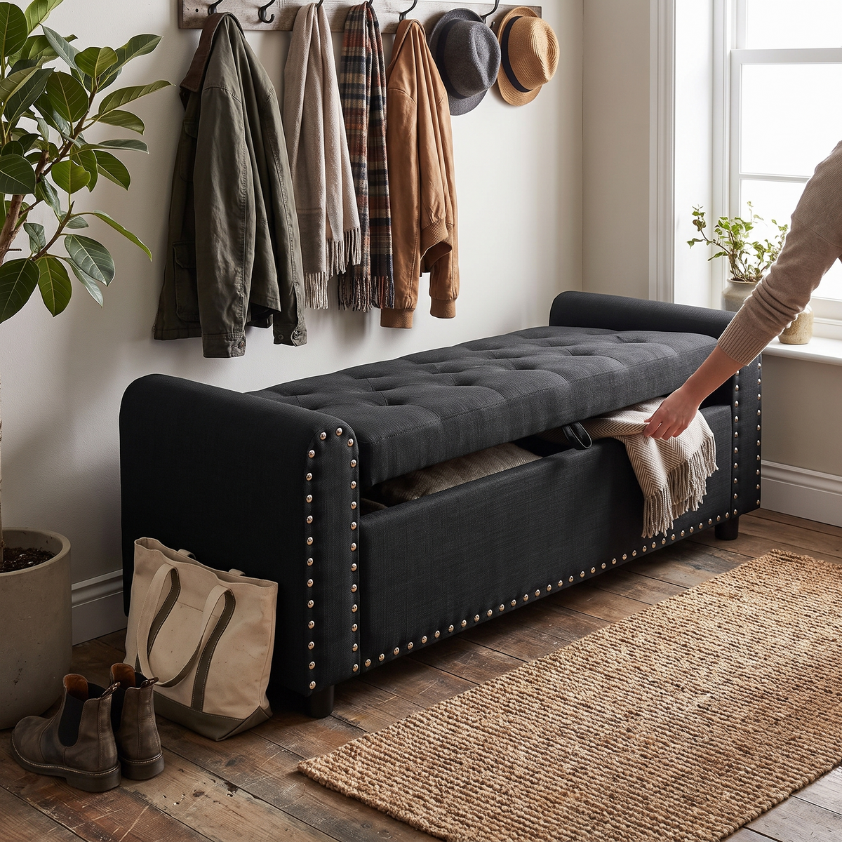 Tufted Storage Ottoman Bench in use