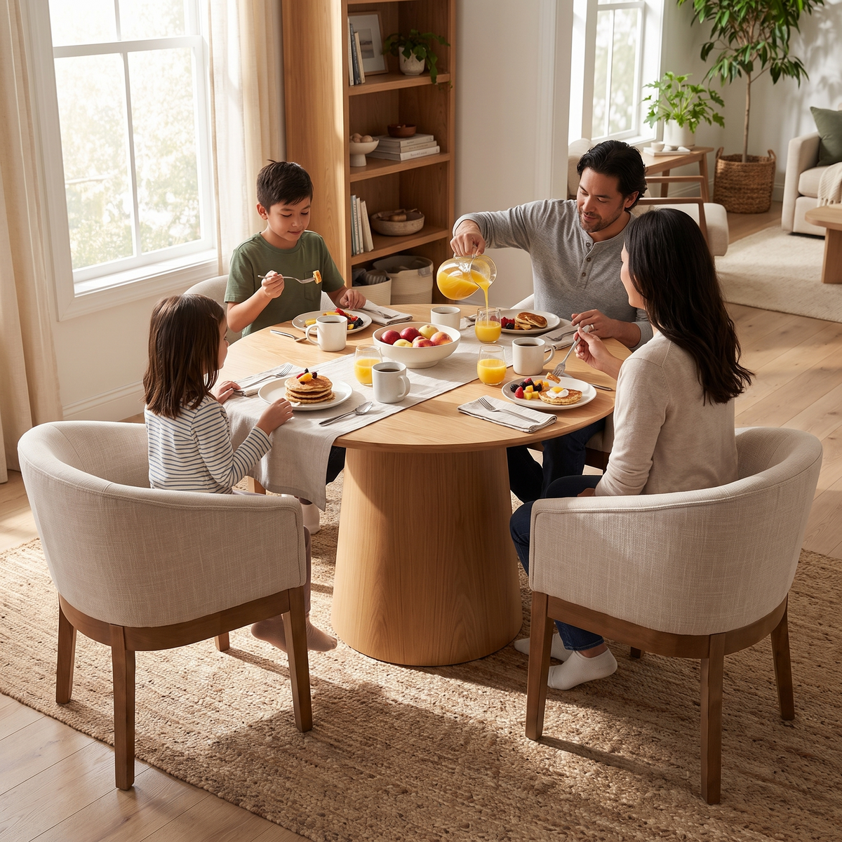 Linen Barrel Dining Chairs in use