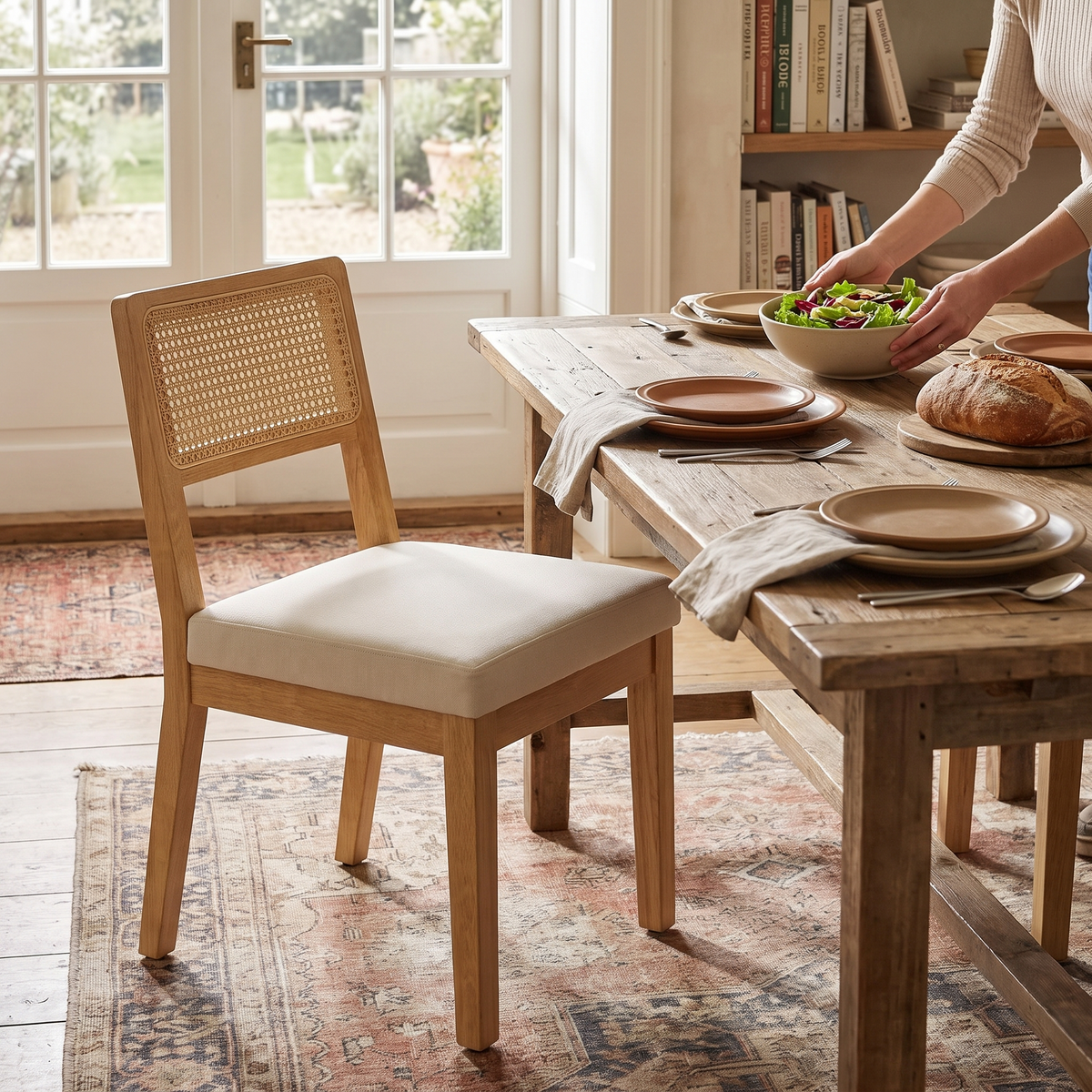 French Country Rattan Dining Chairs in use