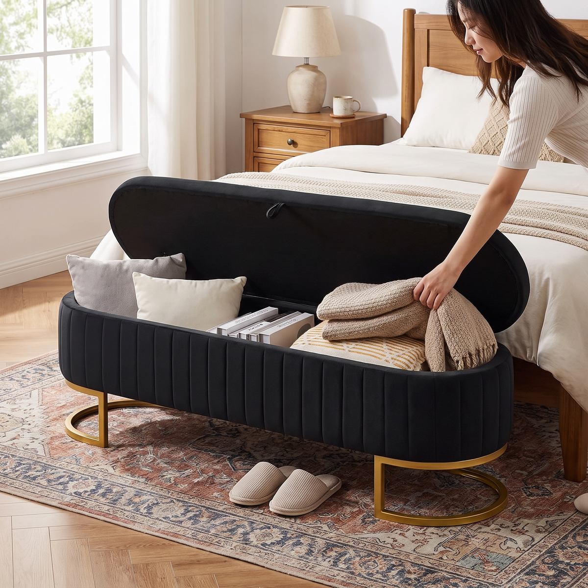 Velvet Storage Ottoman Bench in use