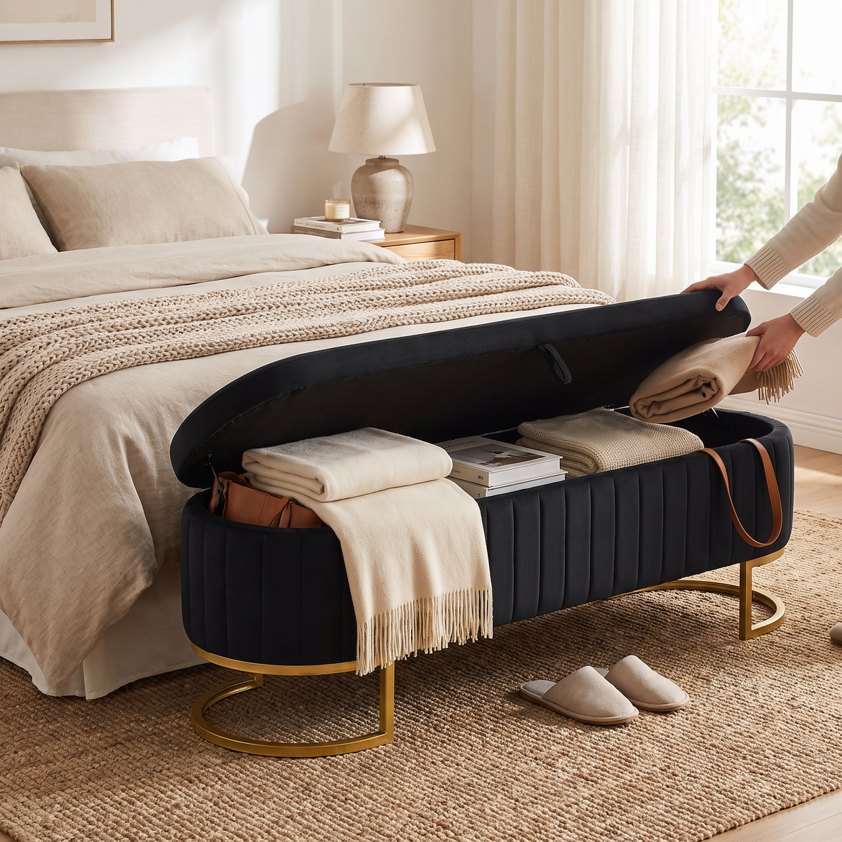 Velvet Storage Ottoman Bench in use