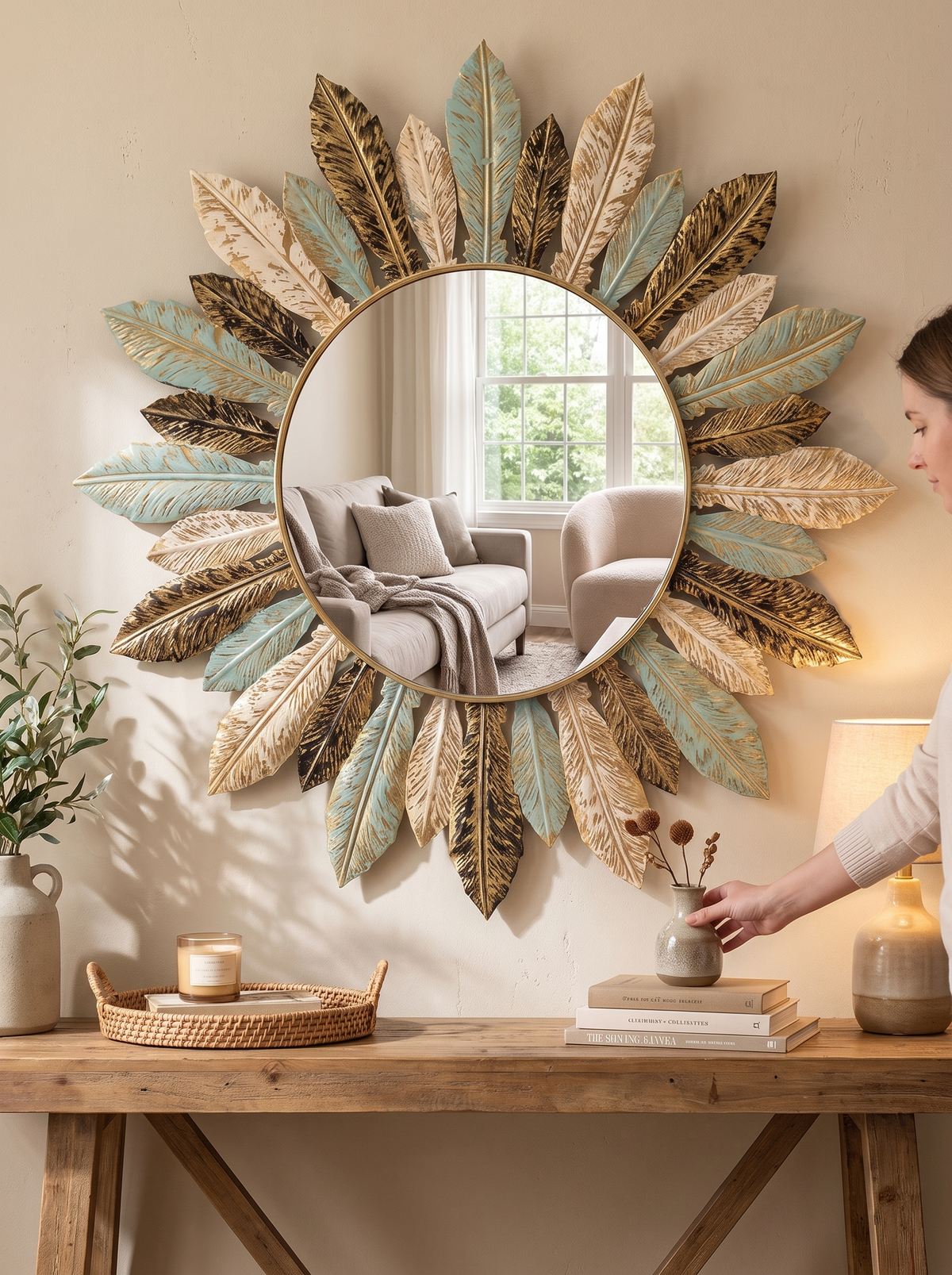 Bohemian Sunburst Mirror filling a wall