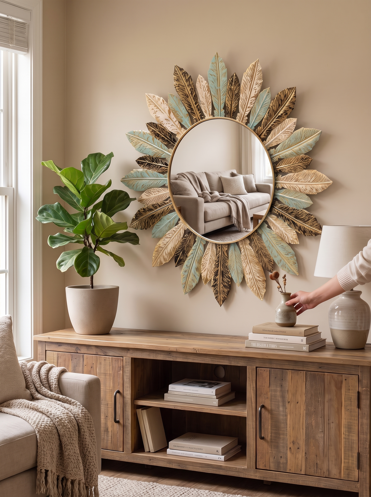Bohemian Sunburst Metal Wall Mirror leaf detail