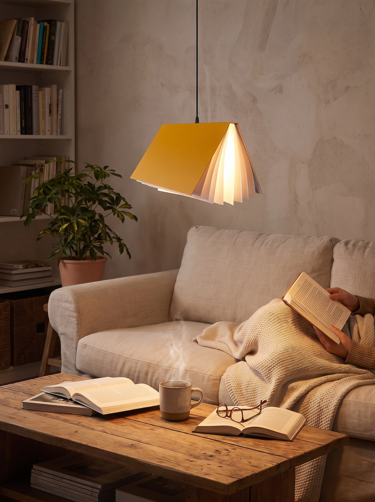 Flying Book Pendant Light glowing through pages