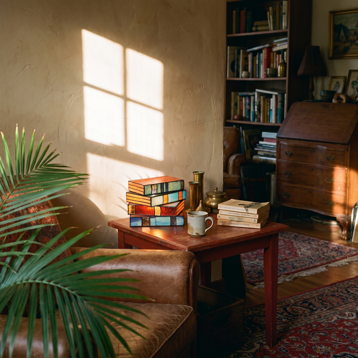 Stained Glass Book Lamp in a lived-in interior