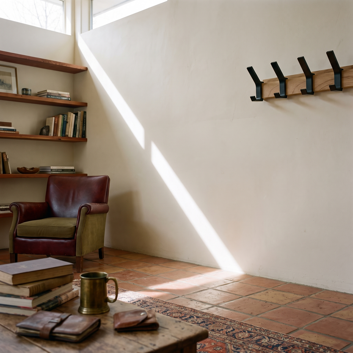 Nordic Wall-Mounted Coat Rack detail view in a lived-in interior
