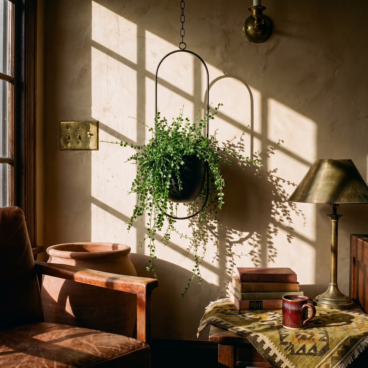 FloraFrame Hanging Planter in a lived-in interior