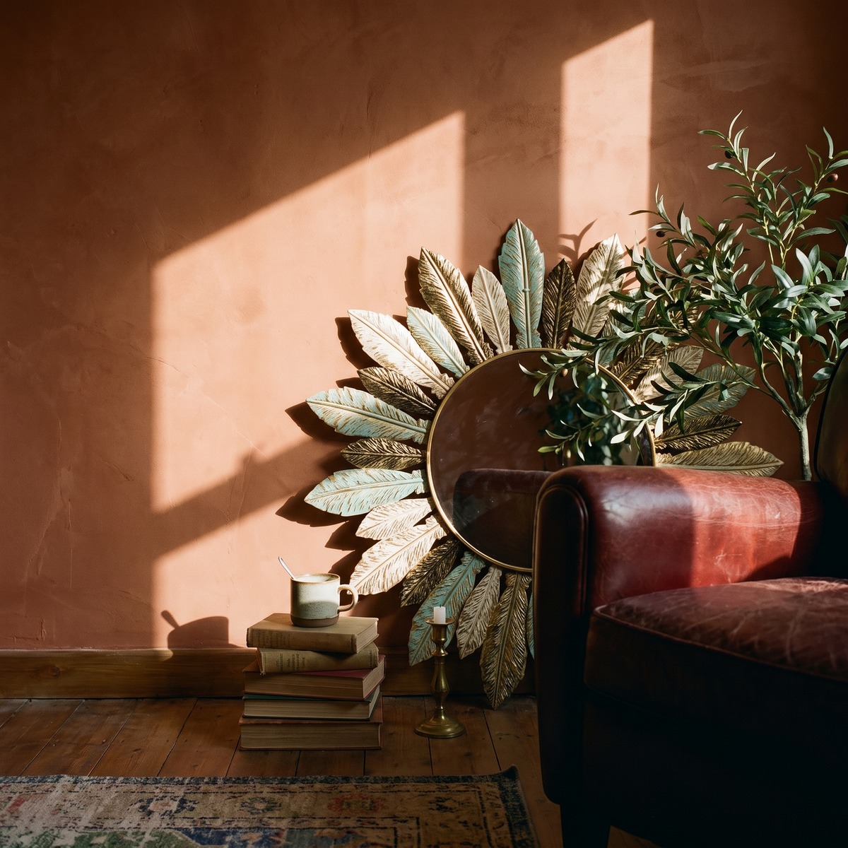 Bohemian Sunburst Metal Wall Mirror in a lived-in interior