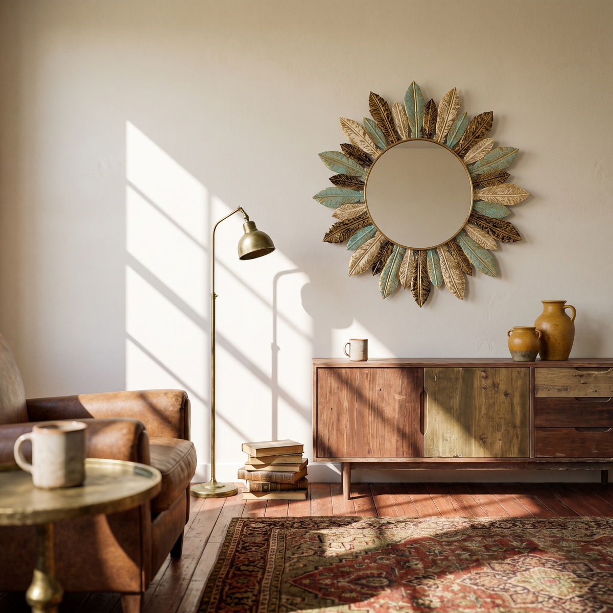 Bohemian Sunburst Metal Wall Mirror detail view in a lived-in interior