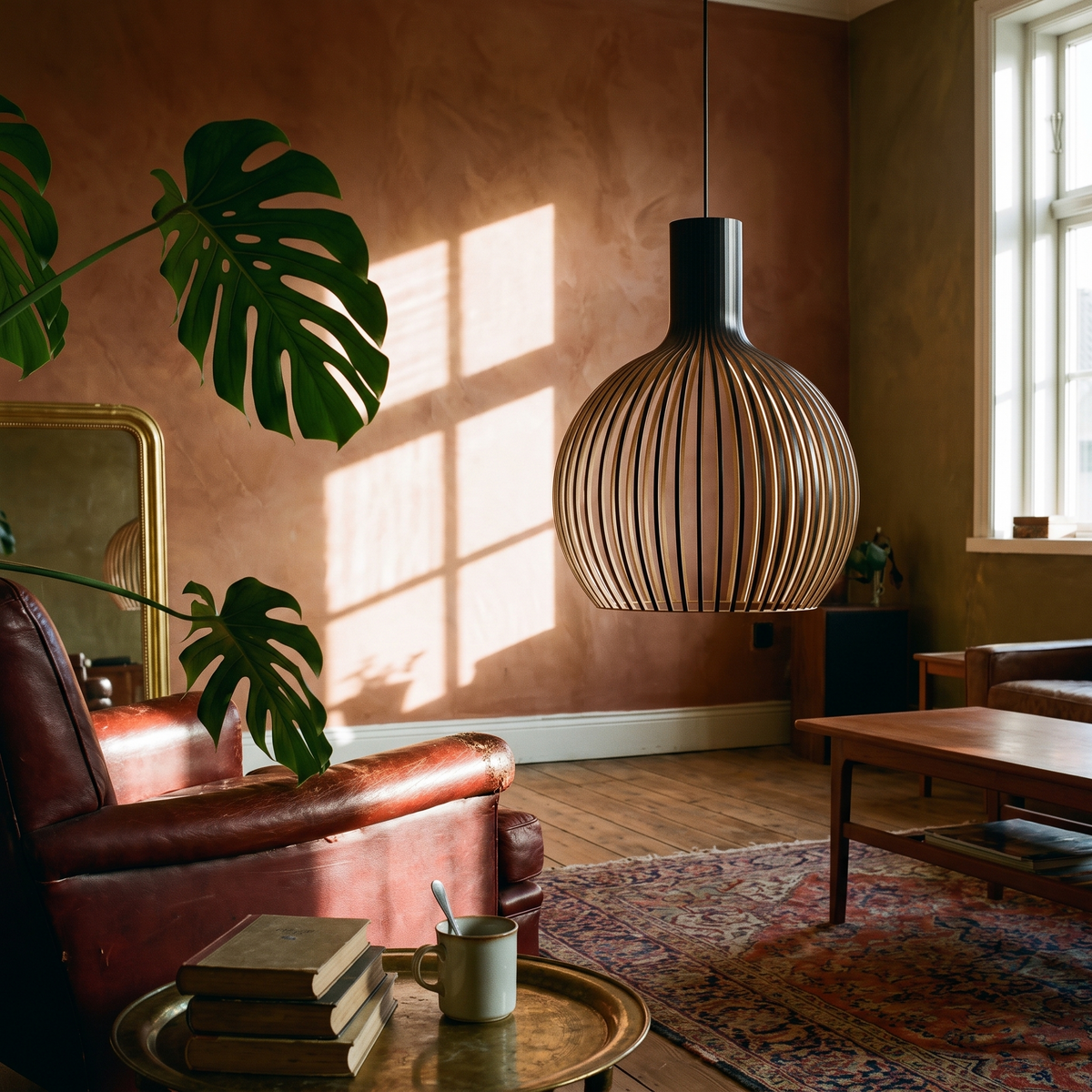 Handcrafted Wooden Pendant Light in a lived-in interior