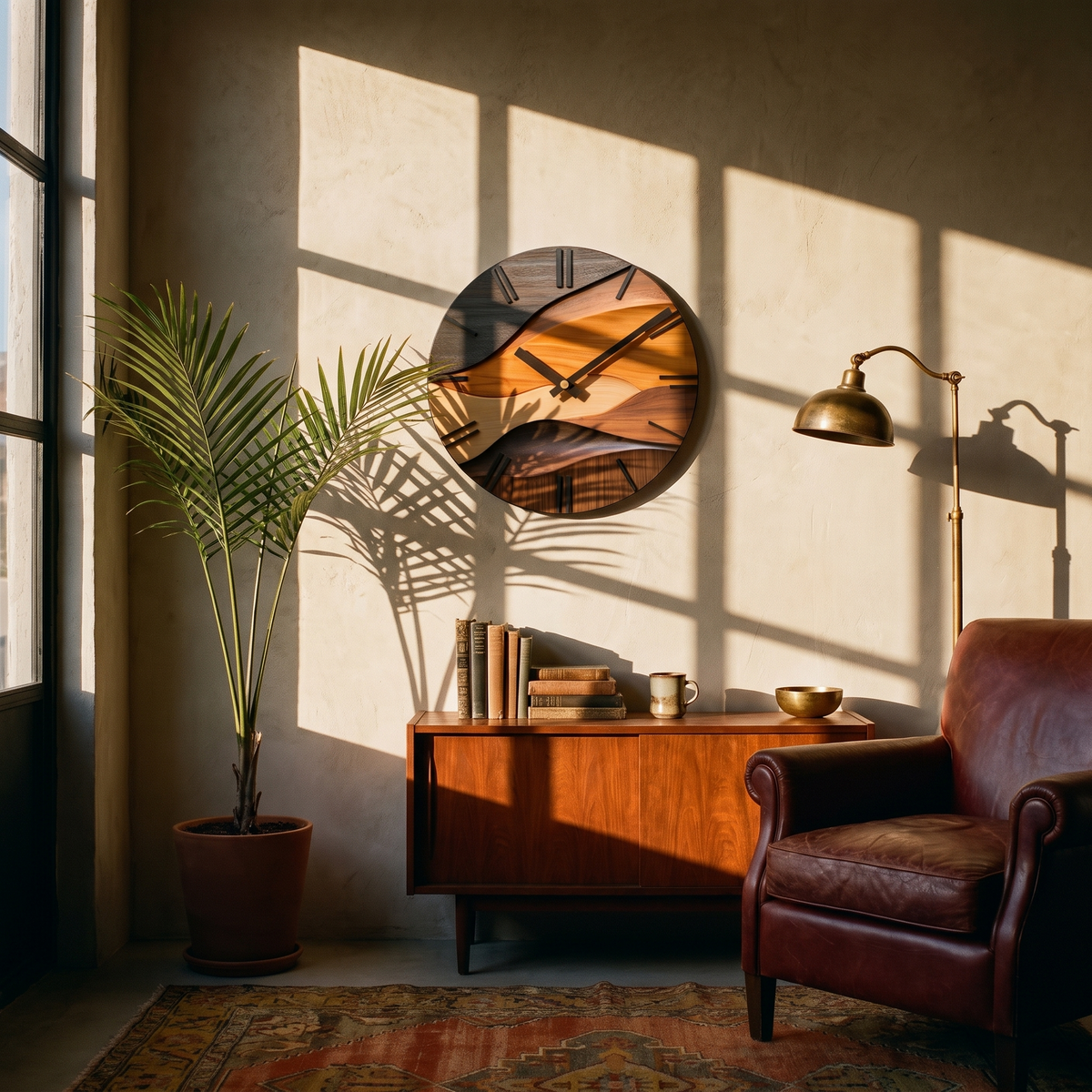 Artistic Round Wall Clock in a lived-in interior