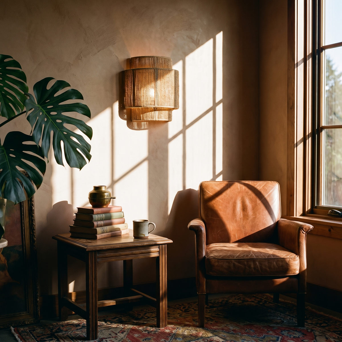 RattanGlow Wall Lamp in a lived-in interior