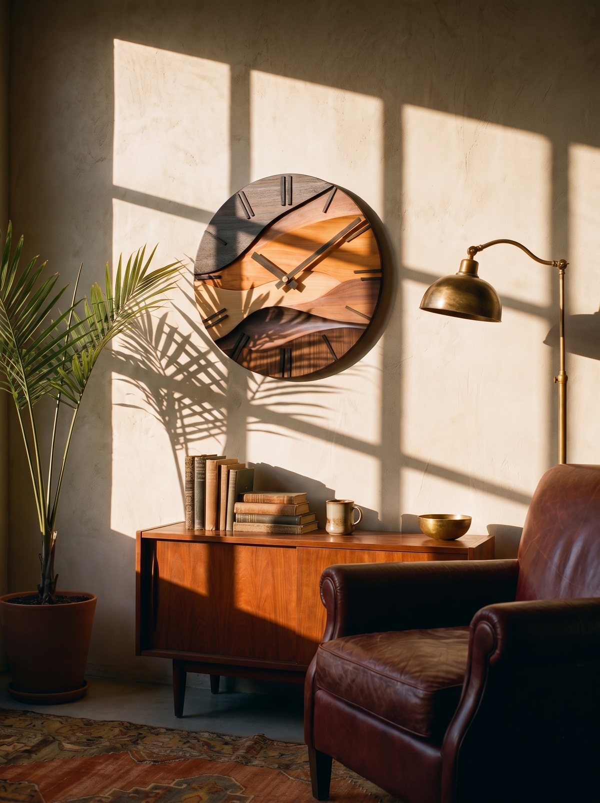 Artistic Round Wall Clock on a plaster wall