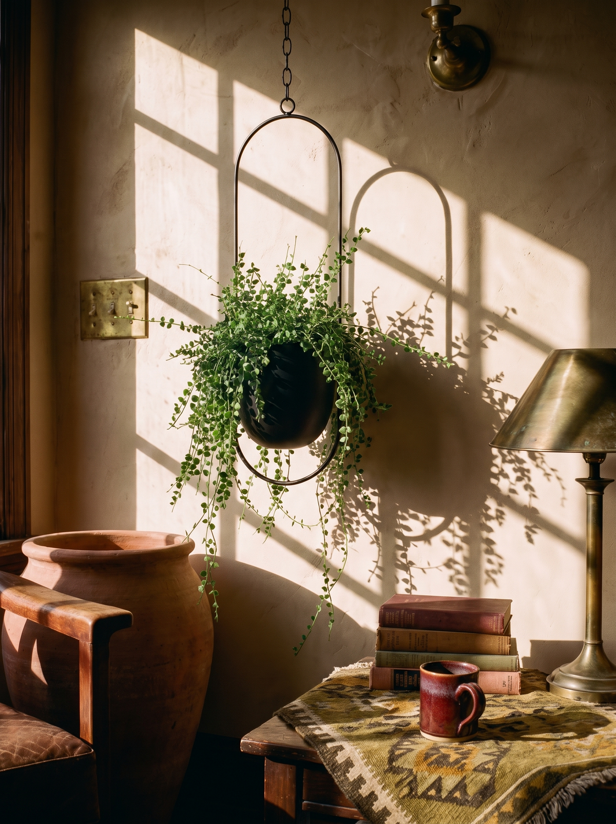 FloraFrame Hanging Planter iron frame with a planted pot