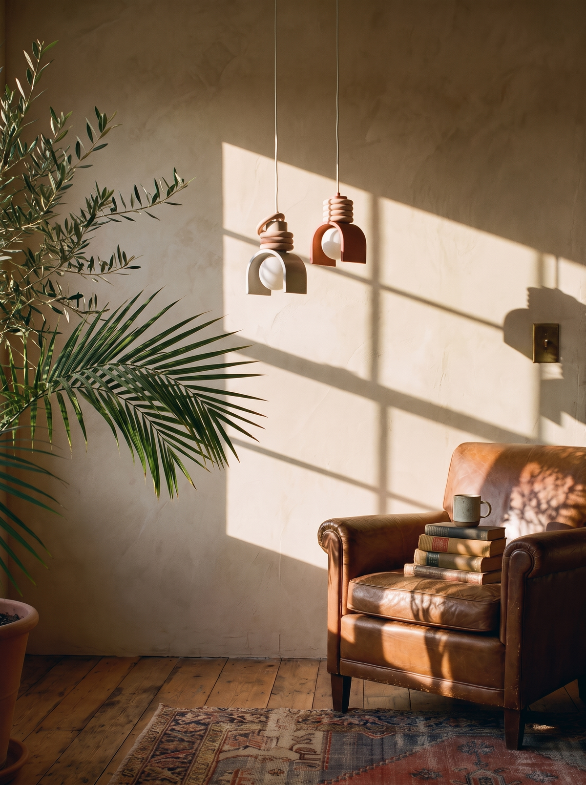 Wabi-Sabi Pendant Light hung over a low table
