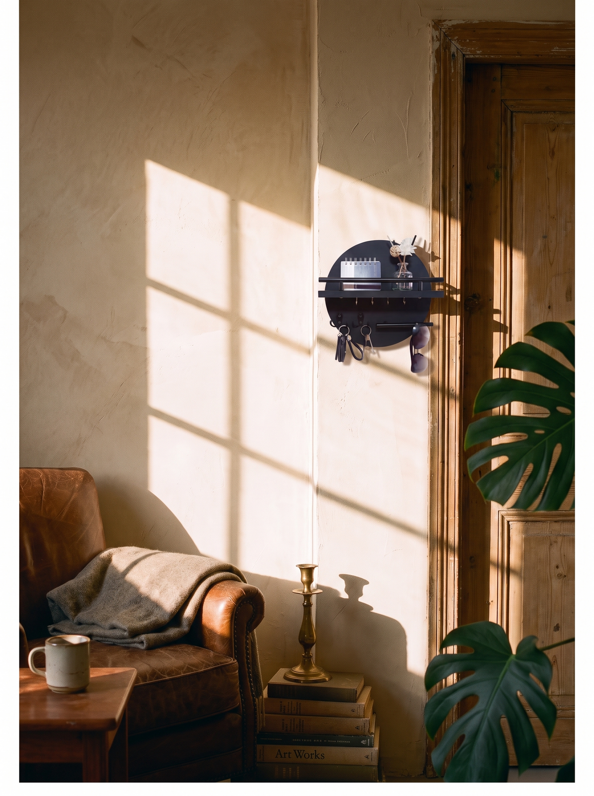 Round Wooden Key Holder beside a door frame