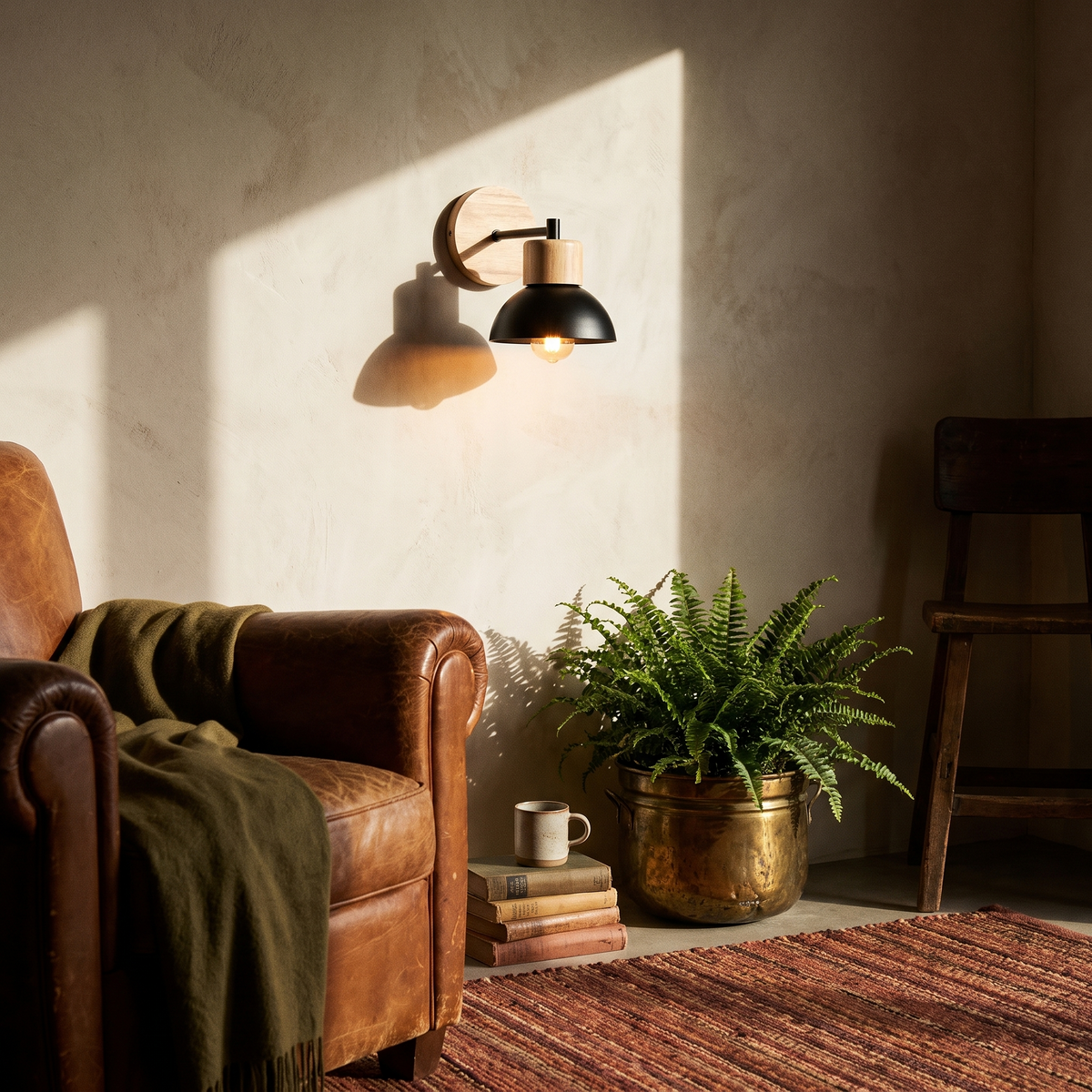 Wood and Metal Wall Lamp in a lived-in interior