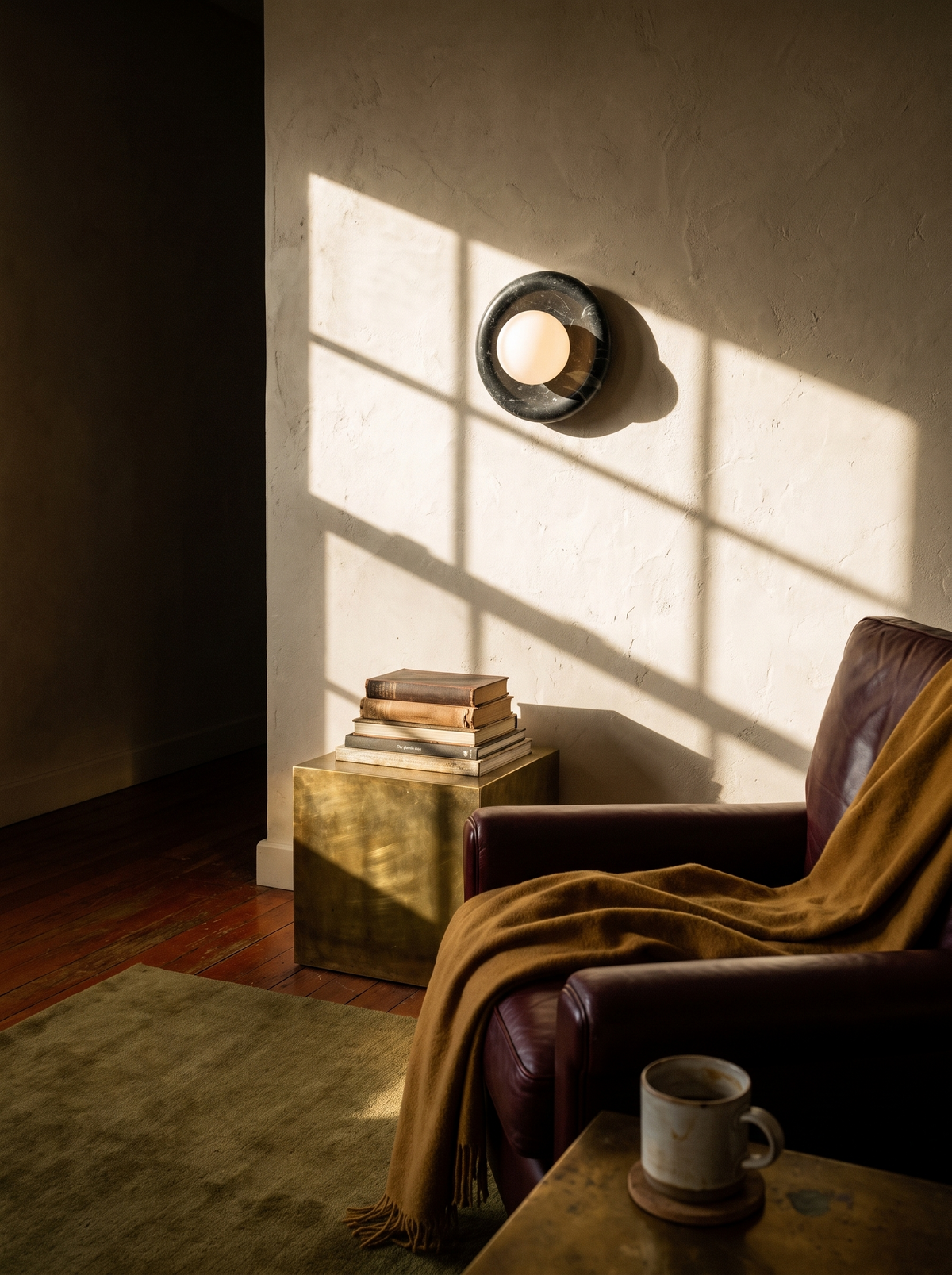 Orba Marble Wall Sconce lit warm at dusk