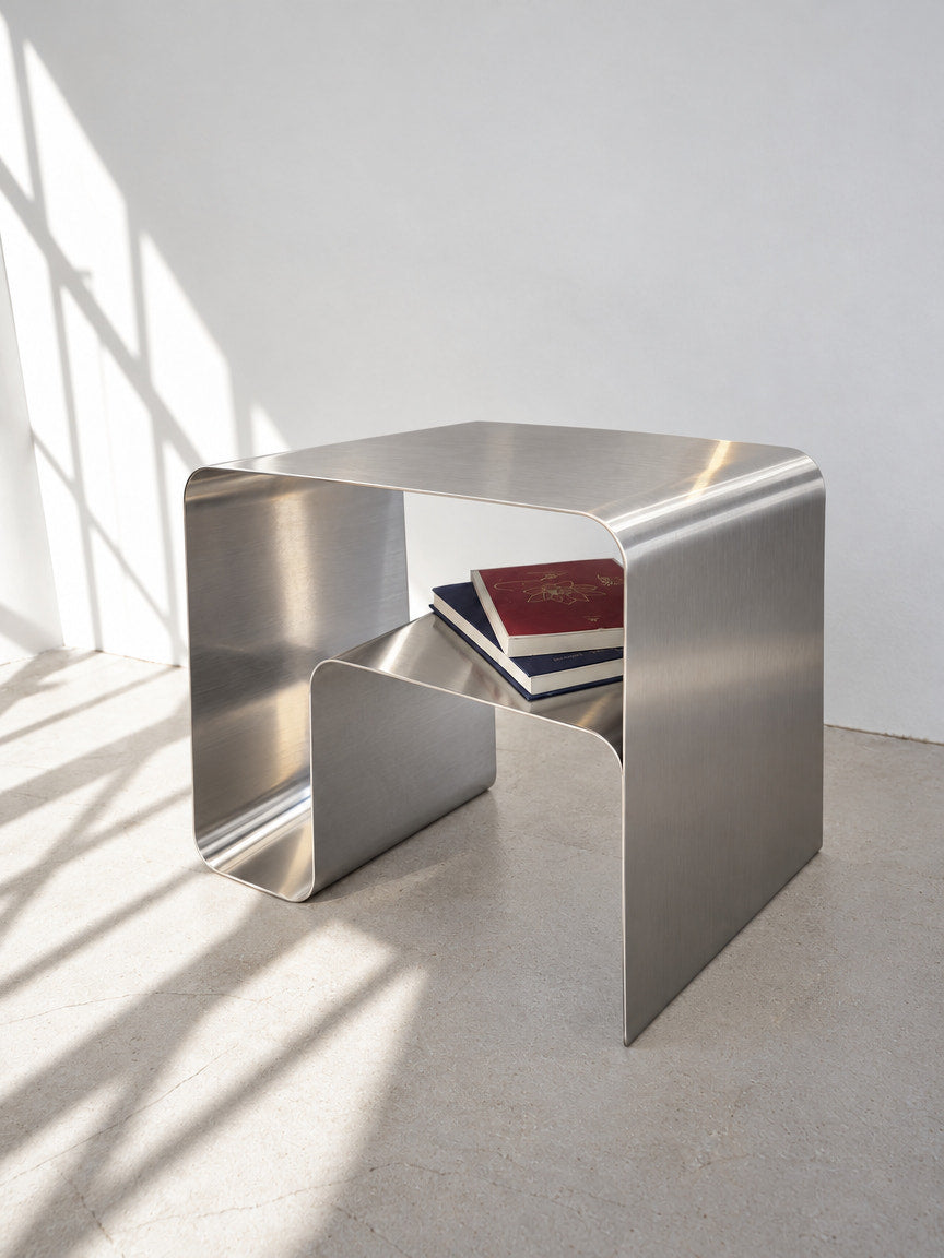 Vela Steel Waterfall Table — steel waterfall side table, low three-quarter view