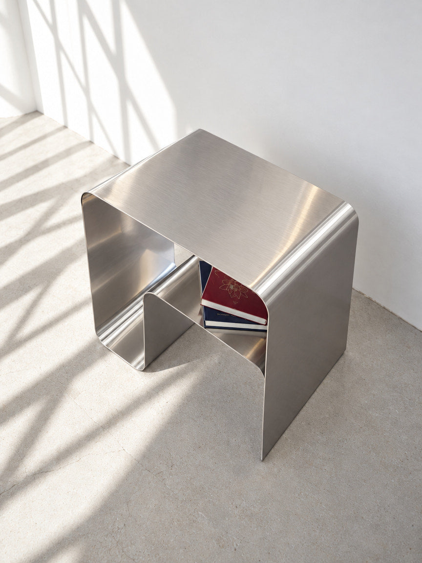 Vela Steel Waterfall Table — steel waterfall side table, three-quarter view from the right